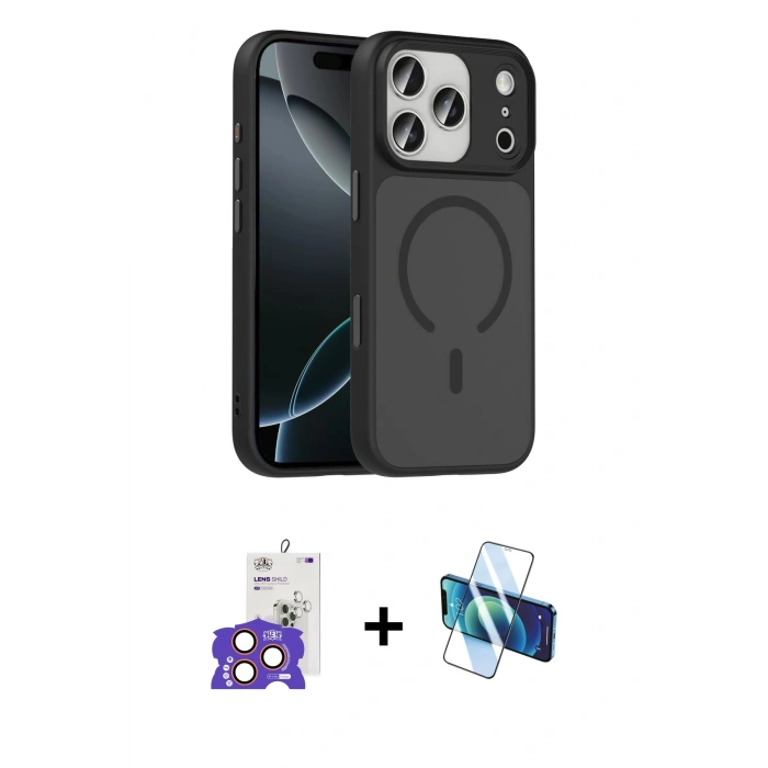 MARSİLYAN™- iPhone 17 Pro Max Kılıf Doruk Form Serisi - Siyah 3D Antistatik Seramik Nano Ekran Koruyucu + Bilvis Titan Kamera Lens - TU