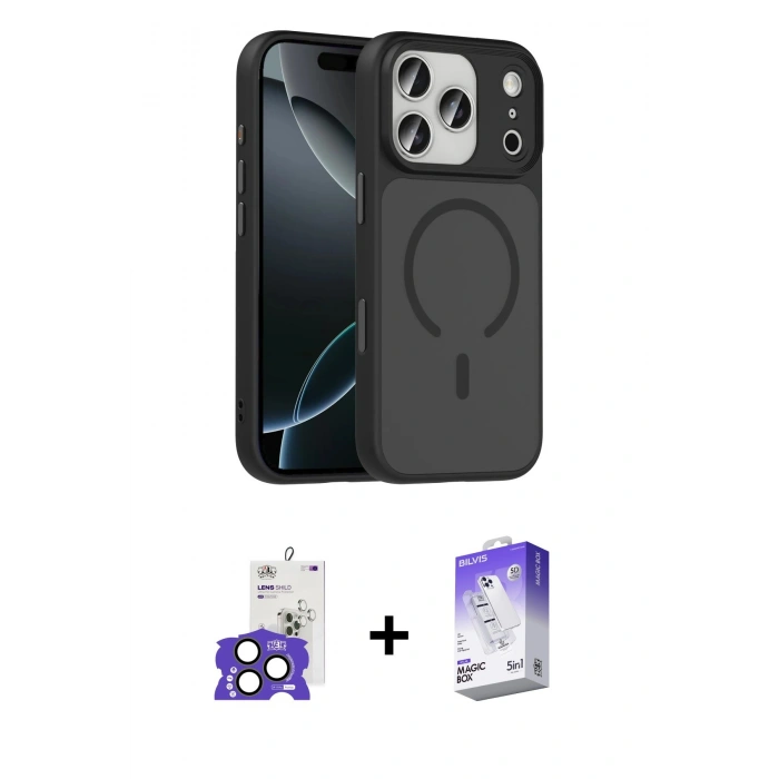 MARSİLYAN™- iPhone 17 Pro Max Kılıf Doruk Form Serisi - Siyah Bilvis 5in1 3D Magic Cam Ekran Koruyucu + Bilvis Titan Kamera Lens - NLGY