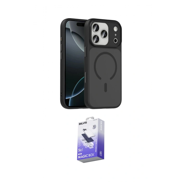MARSİLYAN™- iPhone 17 Pro Max Kılıf Doruk Form Serisi - Siyah Bilvis 5in1 5D Magic Hayalet Cam Ekran Koruyucu