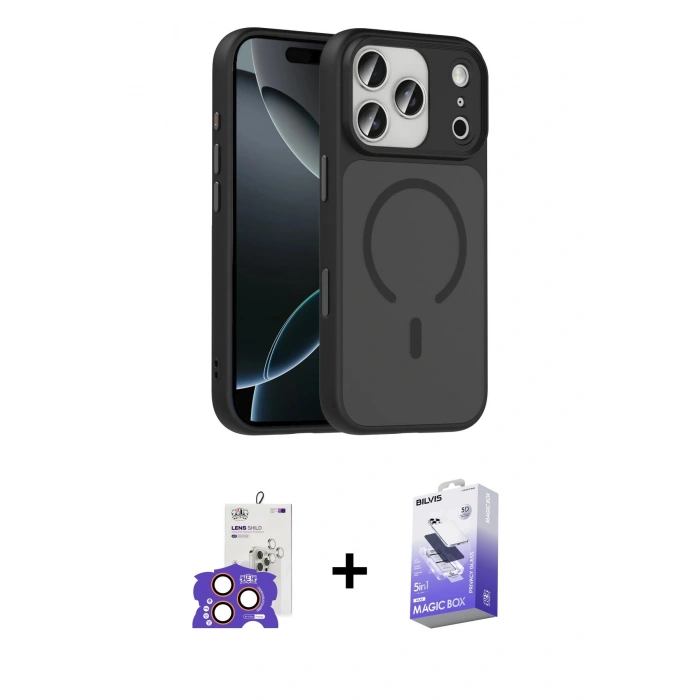 MARSİLYAN™- iPhone 17 Pro Max Kılıf Doruk Form Serisi - Siyah Bilvis 5in1 5D Magic Hayalet Cam Ekran Koruyucu + Bilvis Titan Kamera Lens - TU