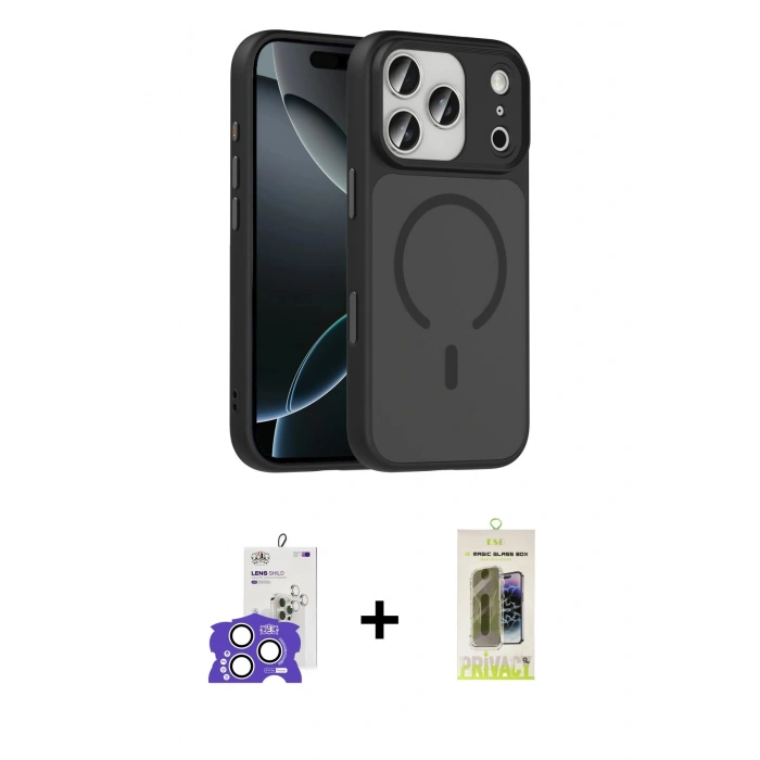 MARSİLYAN™- iPhone 17 Pro Max Kılıf Doruk Form Serisi - Siyah Joko Magic 5D Hayalet Cam + Gümüş Bilvis Titan Kamera Lens