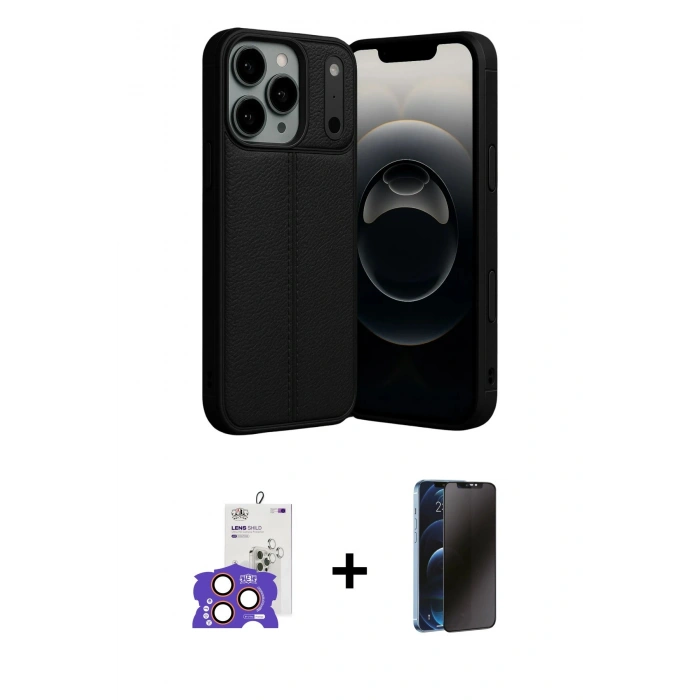 MARSİLYAN™- iPhone 17 Pro Max Kılıf Doruk Klasik Özel Seri - Siyah 3D Antistatik Hayalet Cam Ekran Koruyucu + Bilvis Titan Kamera Lens - TU