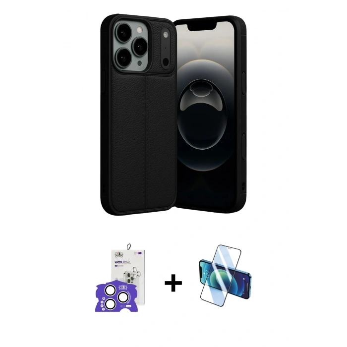MARSİLYAN™- iPhone 17 Pro Max Kılıf Doruk Klasik Özel Seri - Siyah 3D Antistatik Seramik Nano Ekran Koruyucu + Gümüş Bilvis Titan Kamera Lens