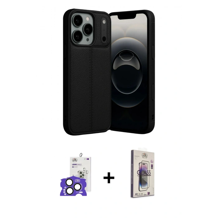MARSİLYAN™- iPhone 17 Pro Max Kılıf Doruk Klasik Özel Seri - Siyah Bilvis 3D Cam Ekran Koruyucu + Bilvis Titan Kamera Lens - NLGY