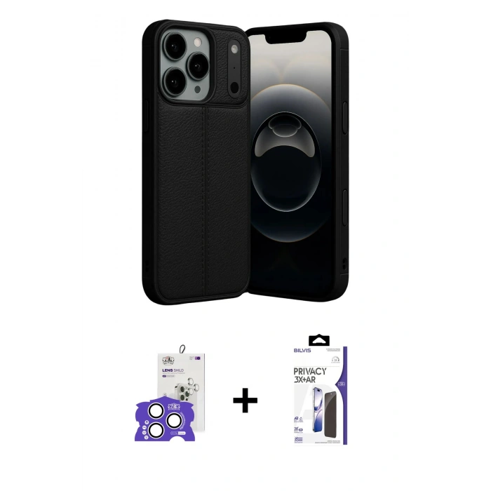 MARSİLYAN™- iPhone 17 Pro Max Kılıf Doruk Klasik Özel Seri - Siyah Bilvis 3X AR Hayalet Cam Ekran Koruyucu + Bilvis Titan Kamera Lens - GS