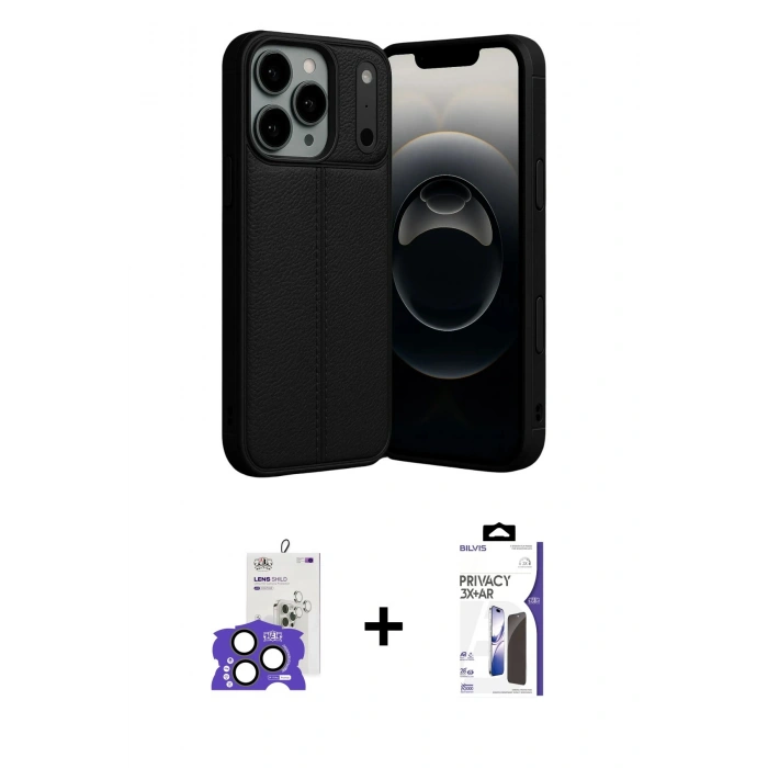 MARSİLYAN™- iPhone 17 Pro Max Kılıf Doruk Klasik Özel Seri - Siyah Bilvis 3X AR Hayalet Cam Ekran Koruyucu + Bilvis Titan Kamera Lens - NLGY