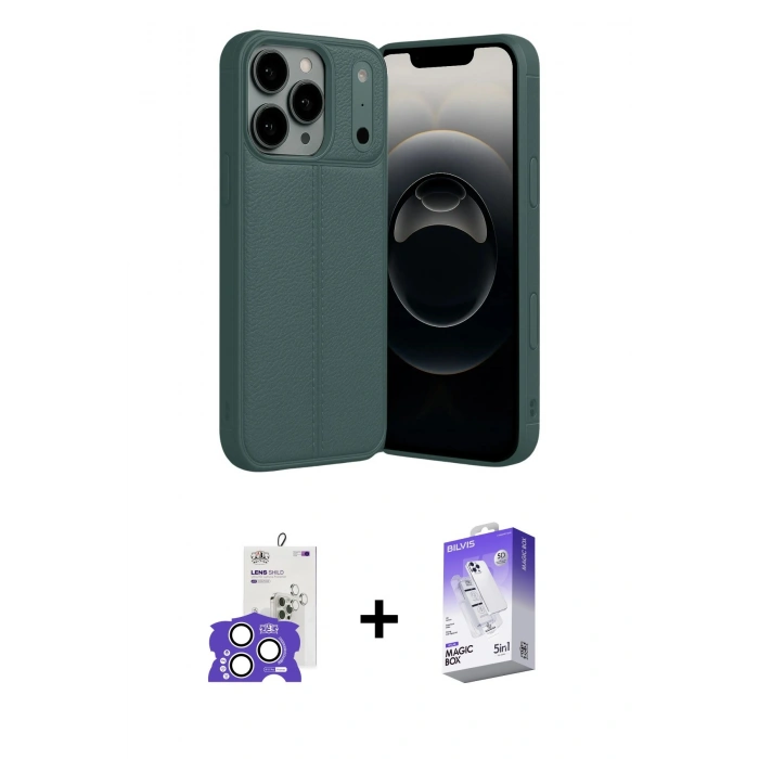MARSİLYAN™- iPhone 17 Pro Max Kılıf Doruk Klasik Özel Seri - Siyah Bilvis 5in1 3D Magic Cam Ekran Koruyucu + Gümüş Bilvis Titan Kamera Lens