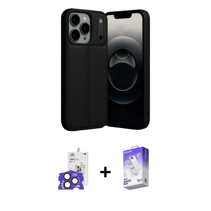 MARSİLYAN™- iPhone 17 Pro Max Kılıf Doruk Klasik Özel Seri - Siyah Bilvis 5in1 3D Magic Cam Ekran Koruyucu + Bilvis Titan Kamera Lens - NLGY