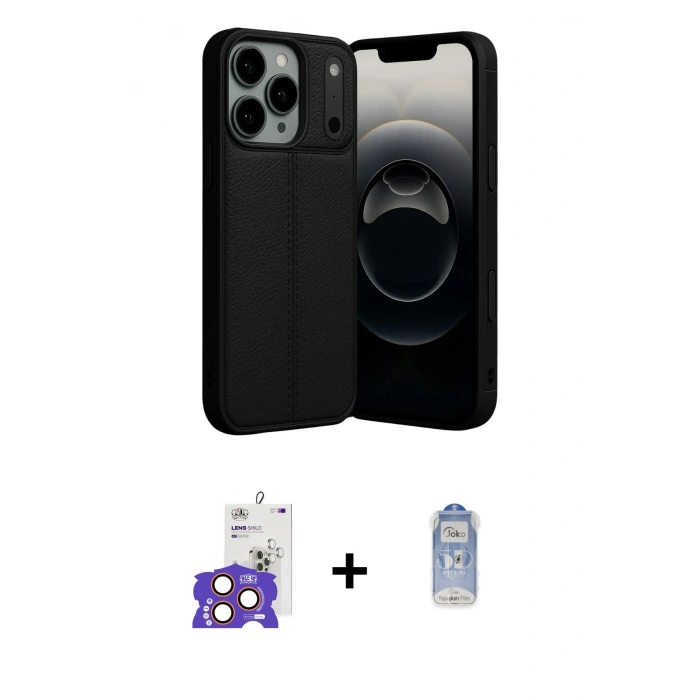 MARSİLYAN™- iPhone 17 Pro Max Kılıf Doruk Klasik Özel Seri - Siyah Joko Magic 5D Cam + Turuncu Bilvis Titan Kamera Lens
