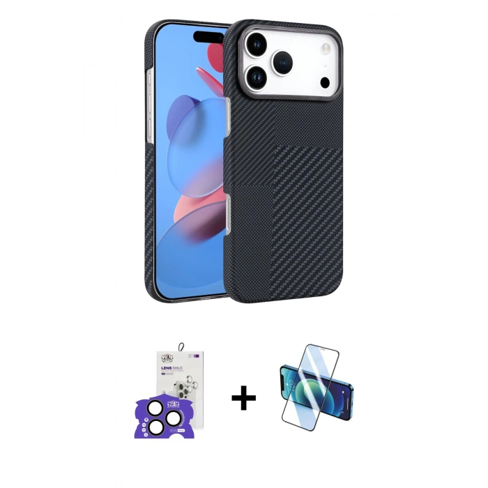 MARSİLYAN™- iPhone 17 Pro Max Kılıf Doruk Serisi - Siyah 3D Antistatik Cam Ekran Koruyucu + Bilvis Titan Kamera Lens - NLGY