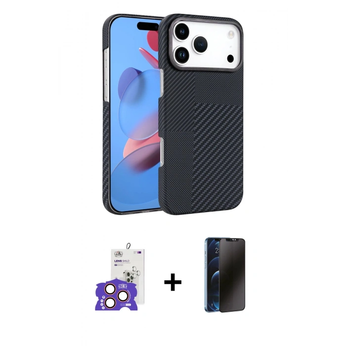 MARSİLYAN™- iPhone 17 Pro Max Kılıf Doruk Serisi - Siyah 3D Antistatik Hayalet Cam Ekran Koruyucu + Bilvis Titan Kamera Lens - TU