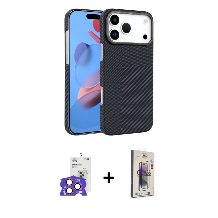 MARSİLYAN™- iPhone 17 Pro Max Kılıf Doruk Serisi - Siyah Bilvis 3D Cam Ekran Koruyucu + Bilvis Titan Kamera Lens - TU