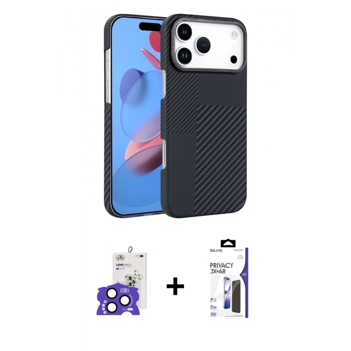 MARSİLYAN™- iPhone 17 Pro Max Kılıf Doruk Serisi - Siyah Bilvis 3X AR Hayalet Cam Ekran Koruyucu + Bilvis Titan Kamera Lens - LT