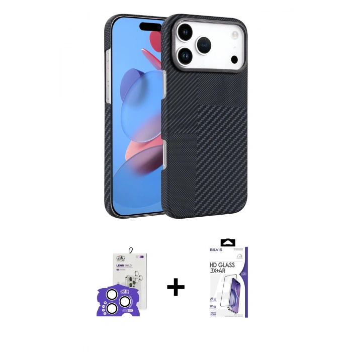 MARSİLYAN™- iPhone 17 Pro Max Kılıf Doruk Serisi - Siyah Bilvis 3X AR HD Cam Ekran Koruyucu + Bilvis Titan Kamera Lens - GS
