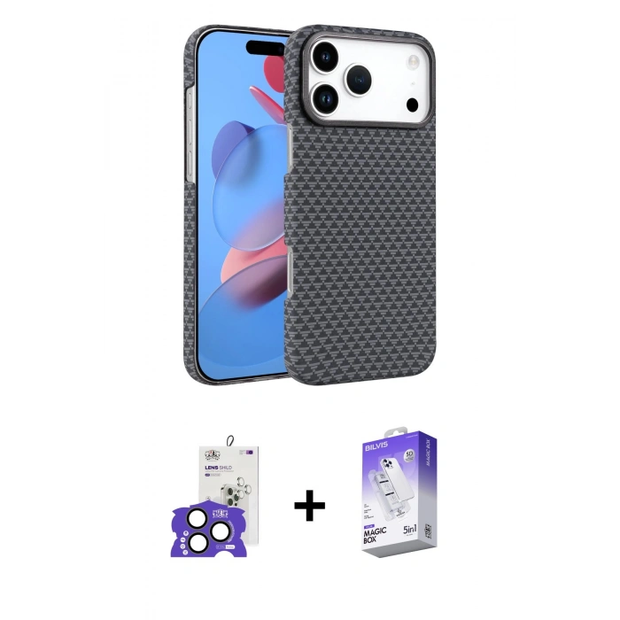 MARSİLYAN™- iPhone 17 Pro Max Kılıf Doruk Serisi - Siyah Bilvis 5in1 3D Magic Cam Ekran Koruyucu + Bilvis Titan Kamera Lens - NLGY