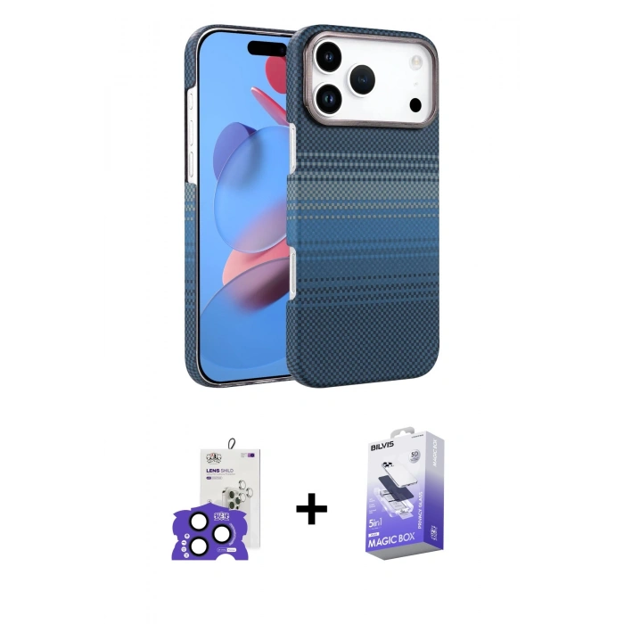 MARSİLYAN™- iPhone 17 Pro Max Kılıf Doruk Serisi - Siyah Bilvis 5in1 5D Magic Hayalet Cam Ekran Koruyucu + Lacivert Bilvis Titan Kamera Lens