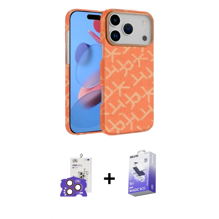 MARSİLYAN™- iPhone 17 Pro Max Kılıf Doruk Serisi - Siyah Bilvis 5in1 5D Magic Hayalet Cam Ekran Koruyucu + Turuncu Bilvis Titan Kamera Lens