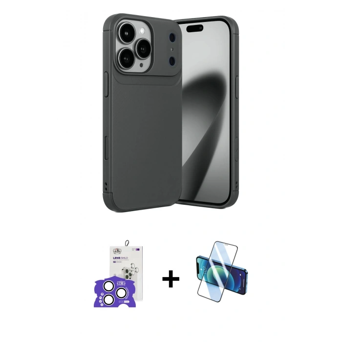 MARSİLYAN™- iPhone 17 Pro Max Kılıf Eksen Form Prime - Siyah 3D Antistatik Seramik Nano Ekran Koruyucu + Bilvis Titan Kamera Lens - GS