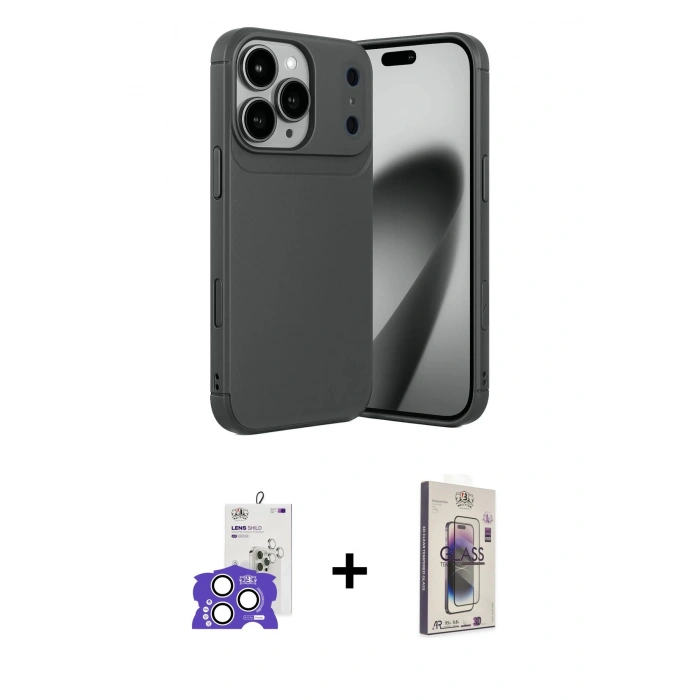 MARSİLYAN™- iPhone 17 Pro Max Kılıf Eksen Form Prime - Siyah Bilvis 3D Cam Ekran Koruyucu + Bilvis Titan Kamera Lens - GS