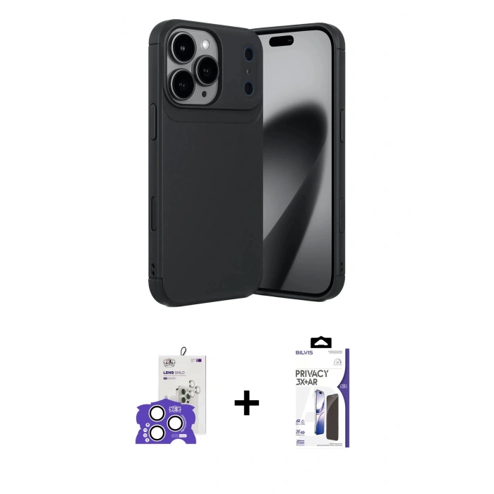 MARSİLYAN™- iPhone 17 Pro Max Kılıf Eksen Form Prime - Siyah Bilvis 3X AR Hayalet Cam Ekran Koruyucu + Bilvis Titan Kamera Lens - GS