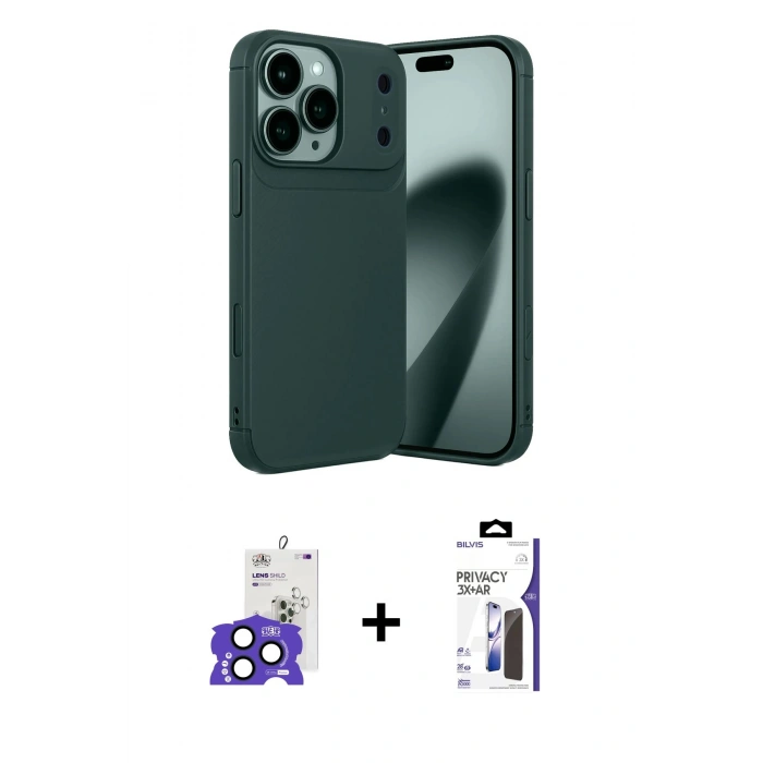 MARSİLYAN™- iPhone 17 Pro Max Kılıf Eksen Form Prime - Siyah Bilvis 3X AR Hayalet Cam Ekran Koruyucu + Bilvis Titan Kamera Lens - LT