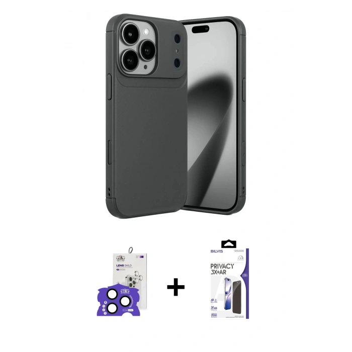 MARSİLYAN™- iPhone 17 Pro Max Kılıf Eksen Form Prime - Siyah Bilvis 3X AR Hayalet Cam Ekran Koruyucu + Bilvis Titan Kamera Lens - LT