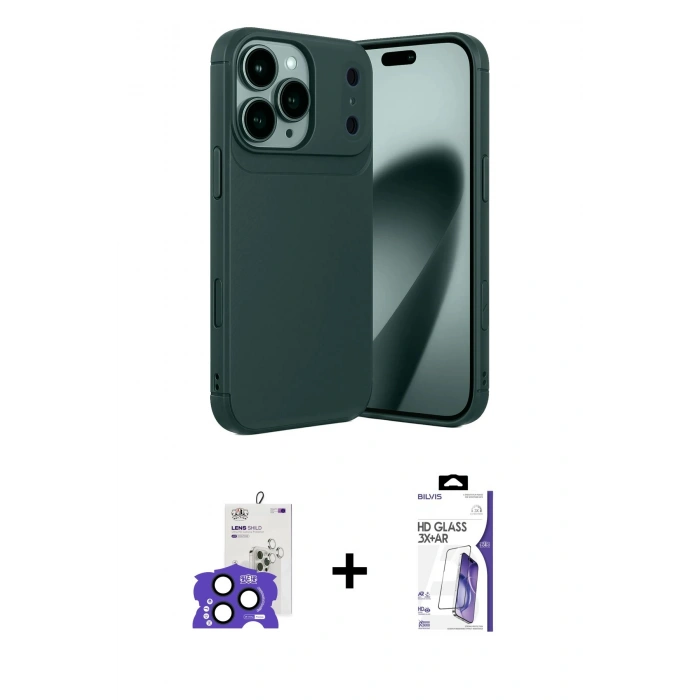 MARSİLYAN™- iPhone 17 Pro Max Kılıf Eksen Form Prime - Siyah Bilvis 3X AR HD Cam Ekran Koruyucu + Bilvis Titan Kamera Lens - LT