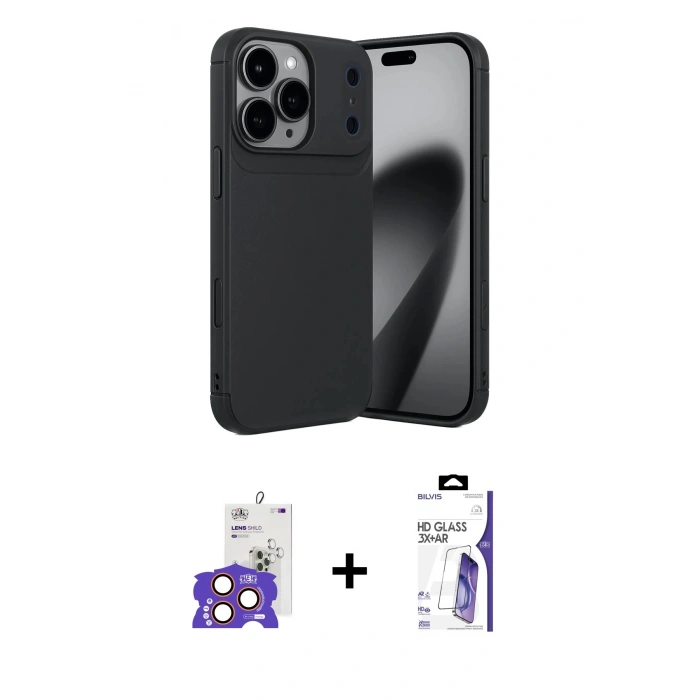 MARSİLYAN™- iPhone 17 Pro Max Kılıf Eksen Form Prime - Siyah Bilvis 3X AR HD Cam Ekran Koruyucu + Bilvis Titan Kamera Lens - TU