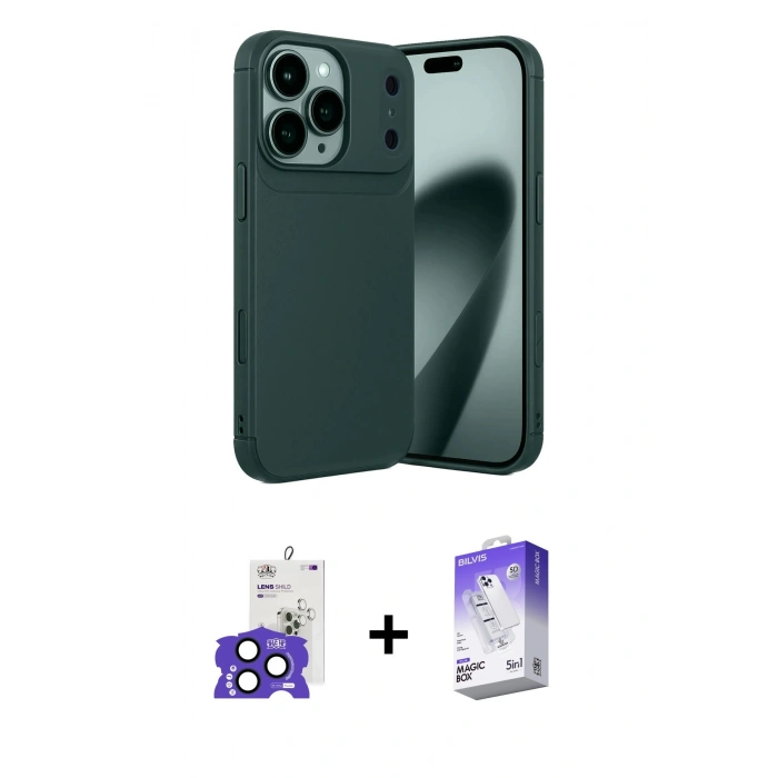 MARSİLYAN™- iPhone 17 Pro Max Kılıf Eksen Form Prime - Siyah Bilvis 5in1 3D Magic Cam Ekran Koruyucu + Bilvis Titan Kamera Lens - LT