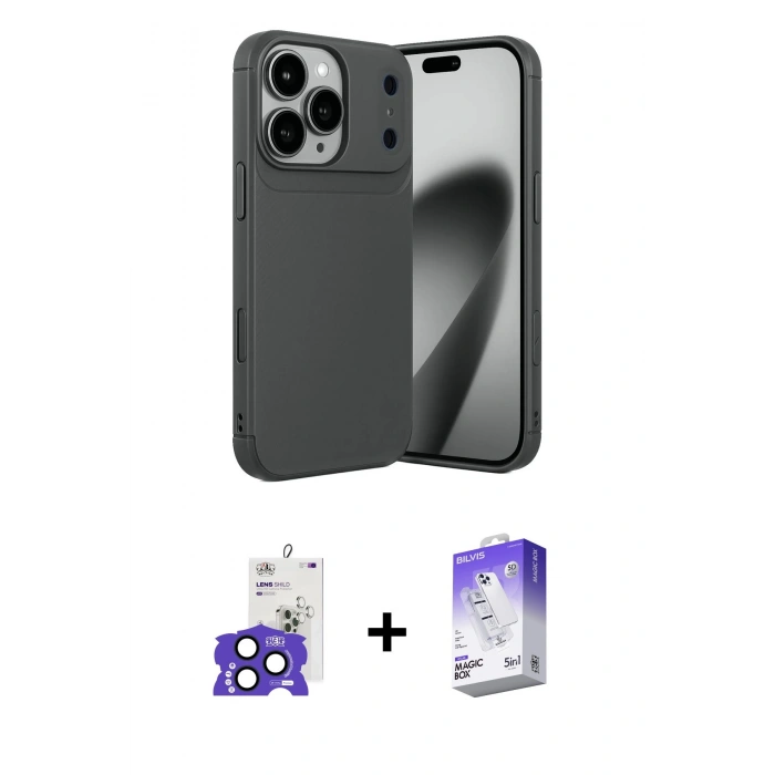 MARSİLYAN™- iPhone 17 Pro Max Kılıf Eksen Form Prime - Siyah Bilvis 5in1 3D Magic Cam Ekran Koruyucu + Bilvis Titan Kamera Lens - LT