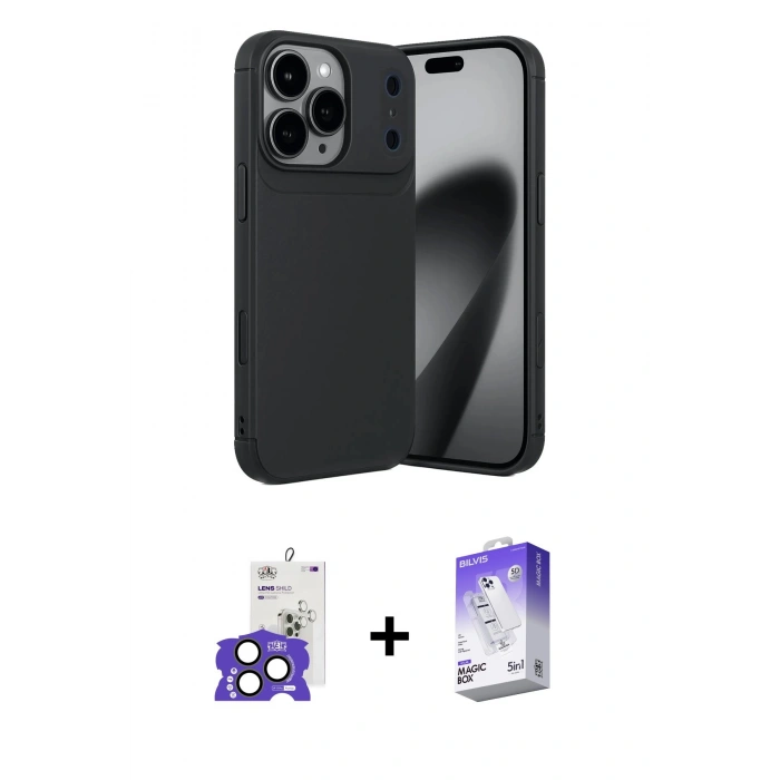 MARSİLYAN™- iPhone 17 Pro Max Kılıf Eksen Form Prime - Siyah Bilvis 5in1 3D Magic Cam Ekran Koruyucu + Natural Grey Bilvis Titan Kamera Lens