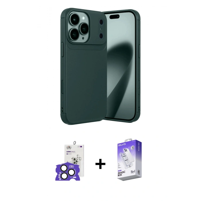 MARSİLYAN™- iPhone 17 Pro Max Kılıf Eksen Form Prime - Siyah Bilvis 5in1 3D Magic Cam Ekran Koruyucu + Natural Grey Bilvis Titan Kamera Lens