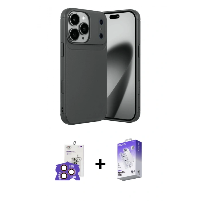 MARSİLYAN™- iPhone 17 Pro Max Kılıf Eksen Form Prime - Siyah Bilvis 5in1 3D Magic Cam Ekran Koruyucu + Bilvis Titan Kamera Lens - TU