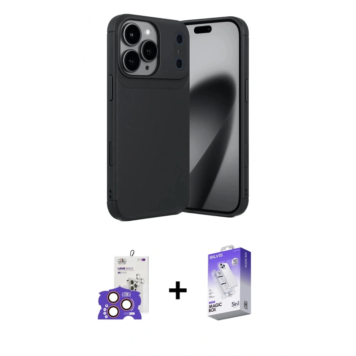 MARSİLYAN™- iPhone 17 Pro Max Kılıf Eksen Form Prime - Siyah Bilvis 5in1 3D Magic Cam Ekran Koruyucu + Bilvis Titan Kamera Lens - TU