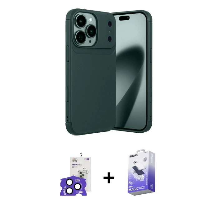 MARSİLYAN™- iPhone 17 Pro Max Kılıf Eksen Form Prime - Siyah Bilvis 5in1 5D Magic Hayalet Cam Ekran Koruyucu + Bilvis Titan Kamera Lens - LT