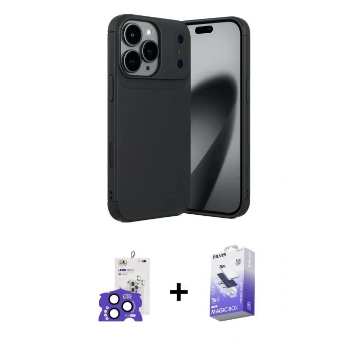 MARSİLYAN™- iPhone 17 Pro Max Kılıf Eksen Form Prime - Siyah Bilvis 5in1 5D Magic Hayalet Cam Ekran Koruyucu + Bilvis Titan Kamera Lens - LT