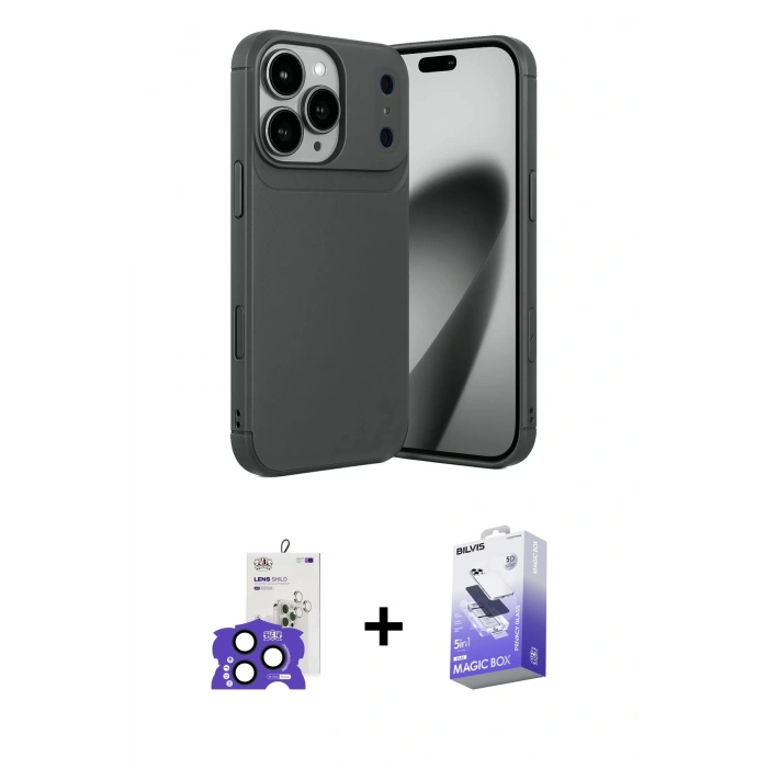 MARSİLYAN™- iPhone 17 Pro Max Kılıf Eksen Form Prime - Siyah Bilvis 5in1 5D Magic Hayalet Cam Ekran Koruyucu + Bilvis Titan Kamera Lens - LT