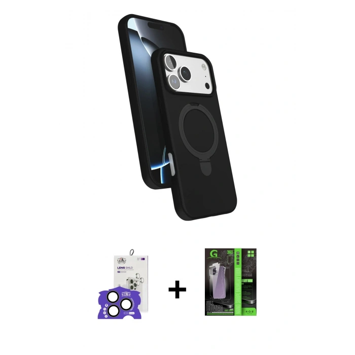 MARSİLYAN™- iPhone 17 Pro Max Kılıf İz Işık Koleksiyonu - Siyah 360 Mat Full Body Arka Koruyucu + Bilvis Titan Kamera Lens - NLGY