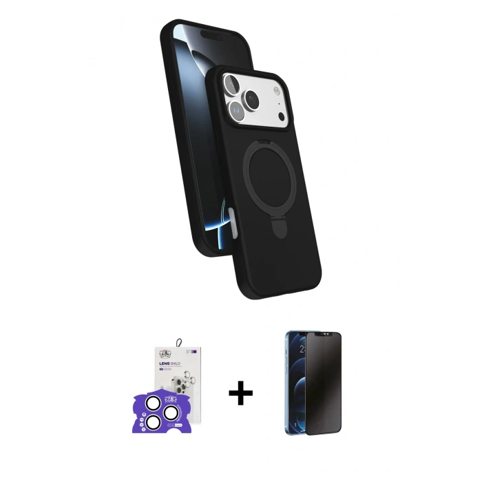 MARSİLYAN™- iPhone 17 Pro Max Kılıf İz Işık Koleksiyonu - Siyah 3D Antistatik Hayalet Cam Ekran Koruyucu + Bilvis Titan Kamera Lens - GS
