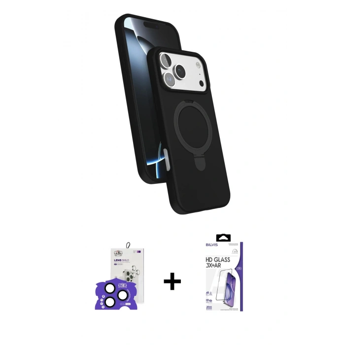 MARSİLYAN™- iPhone 17 Pro Max Kılıf İz Işık Koleksiyonu - Siyah Bilvis 3X AR HD Cam Ekran Koruyucu + Bilvis Titan Kamera Lens - LT