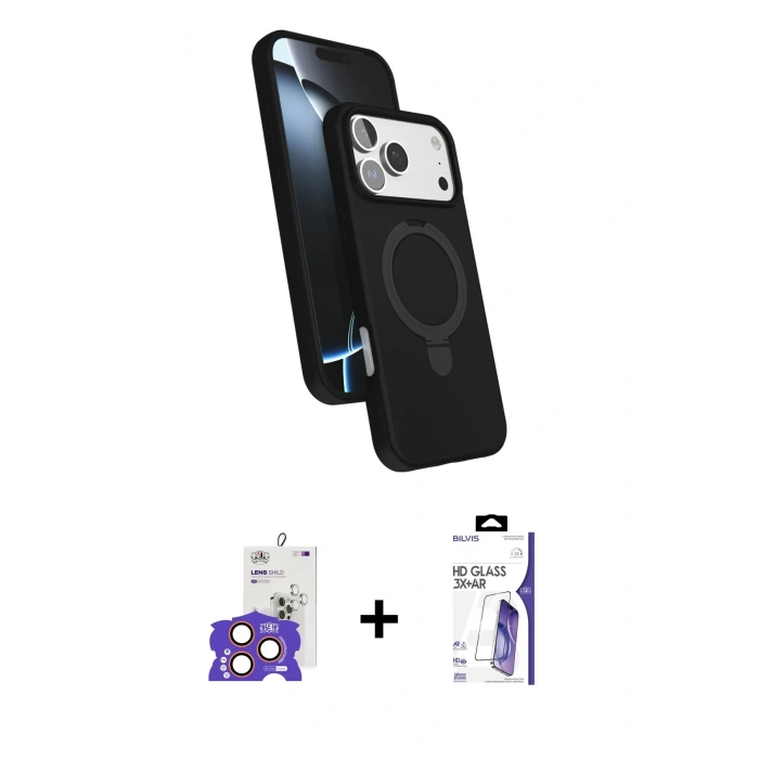 MARSİLYAN™- iPhone 17 Pro Max Kılıf İz Işık Koleksiyonu - Siyah Bilvis 3X AR HD Cam Ekran Koruyucu + Bilvis Titan Kamera Lens - TU