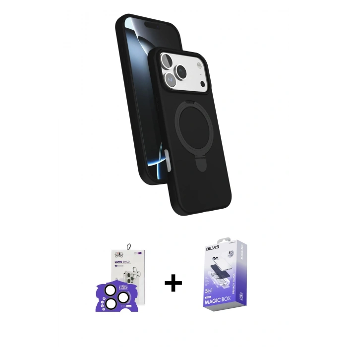 MARSİLYAN™- iPhone 17 Pro Max Kılıf İz Işık Koleksiyonu - Siyah Bilvis 5in1 5D Magic Hayalet Cam Ekran Koruyucu + Bilvis Titan Kamera Lens - NLGY