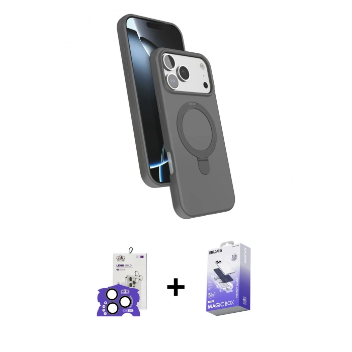 MARSİLYAN™- iPhone 17 Pro Max Kılıf İz Işık Koleksiyonu - Siyah Bilvis 5in1 5D Magic Hayalet Cam Ekran Koruyucu + Natural Grey Bilvis Titan Kamera Lens