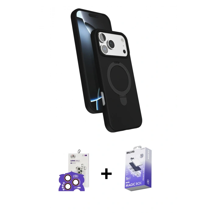 MARSİLYAN™- iPhone 17 Pro Max Kılıf İz Işık Koleksiyonu - Siyah Bilvis 5in1 5D Magic Hayalet Cam Ekran Koruyucu + Bilvis Titan Kamera Lens - TU