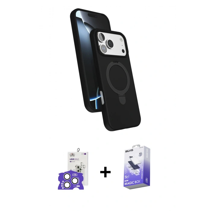 MARSİLYAN™- iPhone 17 Pro Max Kılıf İz Işık Koleksiyonu - Siyah Bilvis 5in1 5D Magic Hayalet Cam Ekran Koruyucu + Bilvis Titan Kamera Lens - GS
