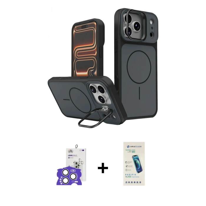 MARSİLYAN™- iPhone 17 Pro Max Kılıf İz Modern Prime - Şeffaf Pasifik Cam Ekran Koruyucu + Gümüş Bilvis Titan Kamera Lens