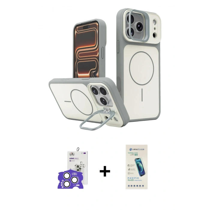 MARSİLYAN™- iPhone 17 Pro Max Kılıf İz Modern Prime - Şeffaf Pasifik Cam Ekran Koruyucu + Gümüş Bilvis Titan Kamera Lens