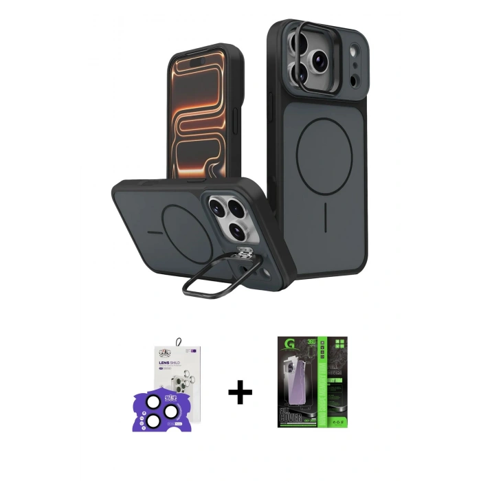 MARSİLYAN™- iPhone 17 Pro Max Kılıf İz Modern Prime - Siyah 360 Mat Full Body Arka Koruyucu + Lacivert Bilvis Titan Kamera Lens