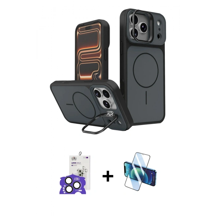 MARSİLYAN™- iPhone 17 Pro Max Kılıf İz Modern Prime - Siyah 3D Antistatik Cam Ekran Koruyucu + Bilvis Titan Kamera Lens - NLGY
