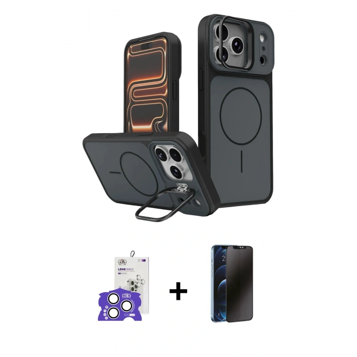 MARSİLYAN™- iPhone 17 Pro Max Kılıf İz Modern Prime - Siyah 3D Antistatik Hayalet Cam Ekran Koruyucu + Bilvis Titan Kamera Lens - GS